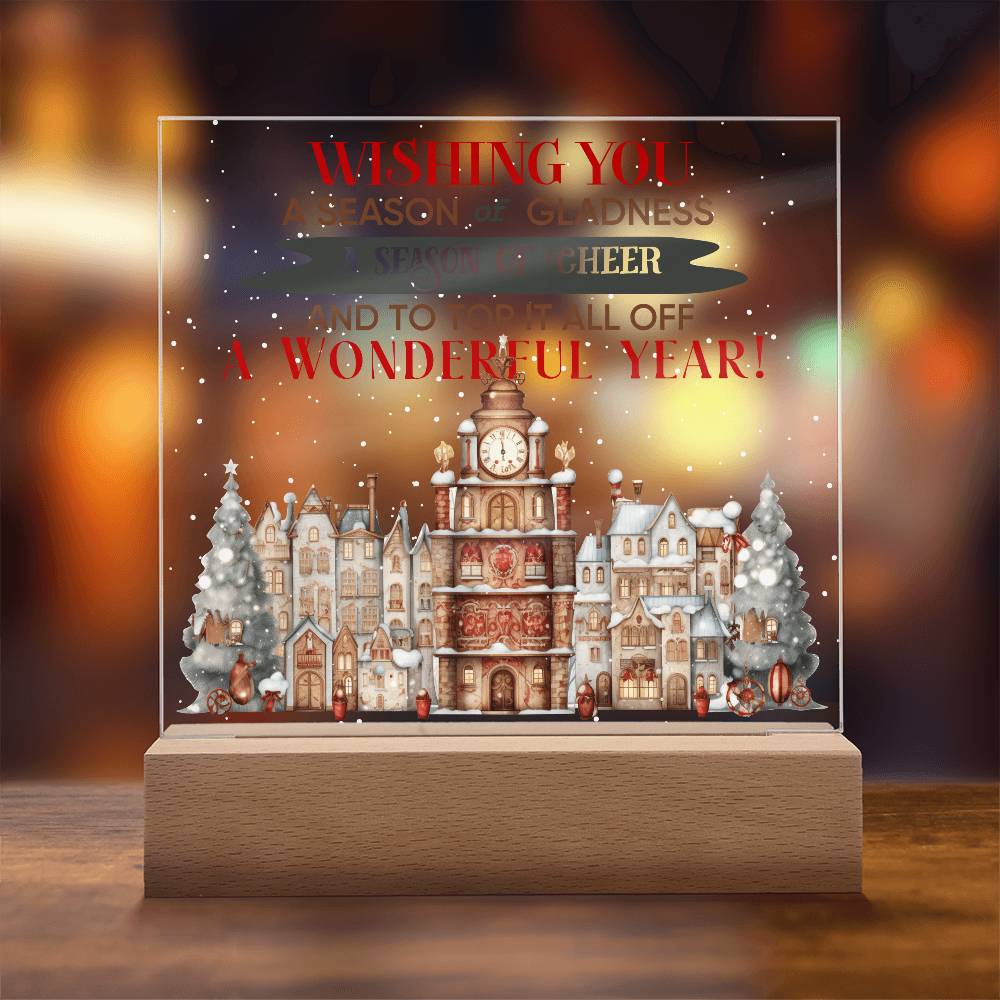 Wishing You a Season of Gladness Holiday Acrylic Plaque with Lighted LED Wooden Base