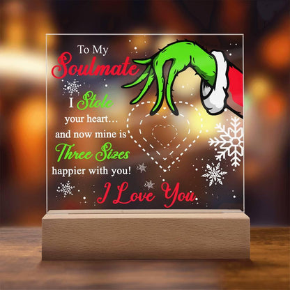 Soulmate Gift - Stole My Heart - Christmas Acrylic Plaque with Lighted LED wooden Base