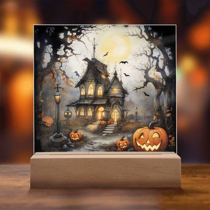 Chilling Manor: Haunted Halloween Mansion Acrylic Square Plaque with LED Lighted Wooden Base