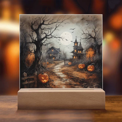 Shadowy Stronghold: Unique Mansion Halloween Acrylic Lighted Plaque