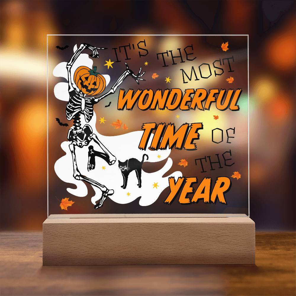 Halloween Decor - The Most Wonderful Time of the Year Acrylic Square Plaque with LED Wooden Base