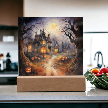 Ghostly Manor: Halloween Acrylic Square Plaque with LED Lighted Wooden Base