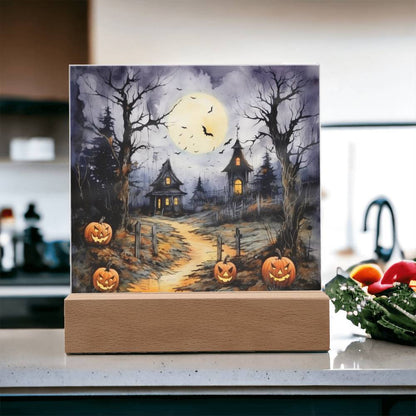 Halloween Haunt: Detailed Mansion Acrylic Plaque with LED Lighted Wooden Base