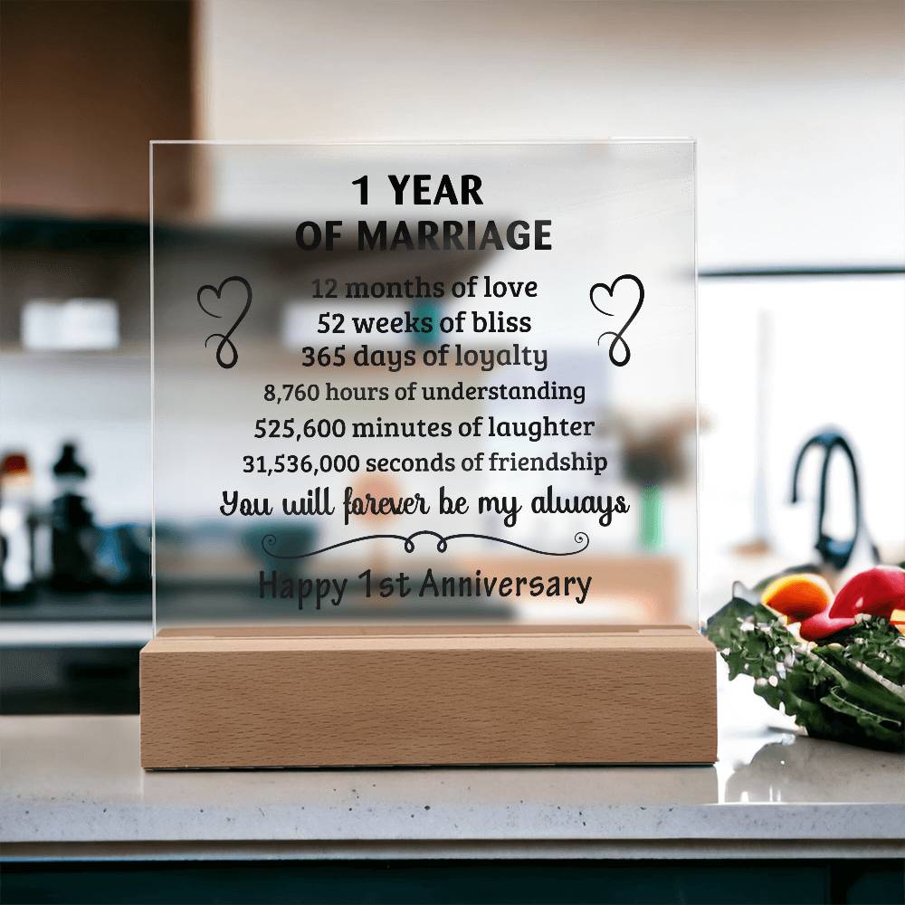 Anniversary Gift - One Year Of Marriage Acrylic Square Plaque with LED Wooden Base