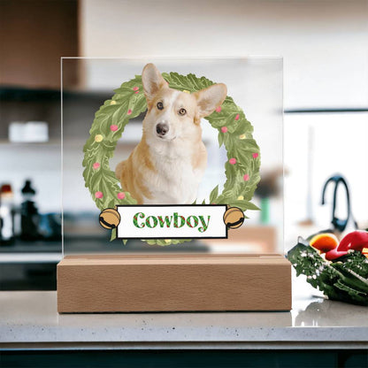 Pet Personalized Holiday Wreath Photo Upload Keepsake Acrylic Plaque with Lighted LED Wooden Base