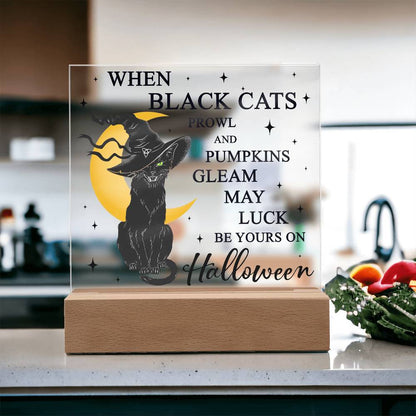 Halloween Decor - Black Cats and Pumpkins Gleam Acrylic Square Plaque with LED Wooden Base