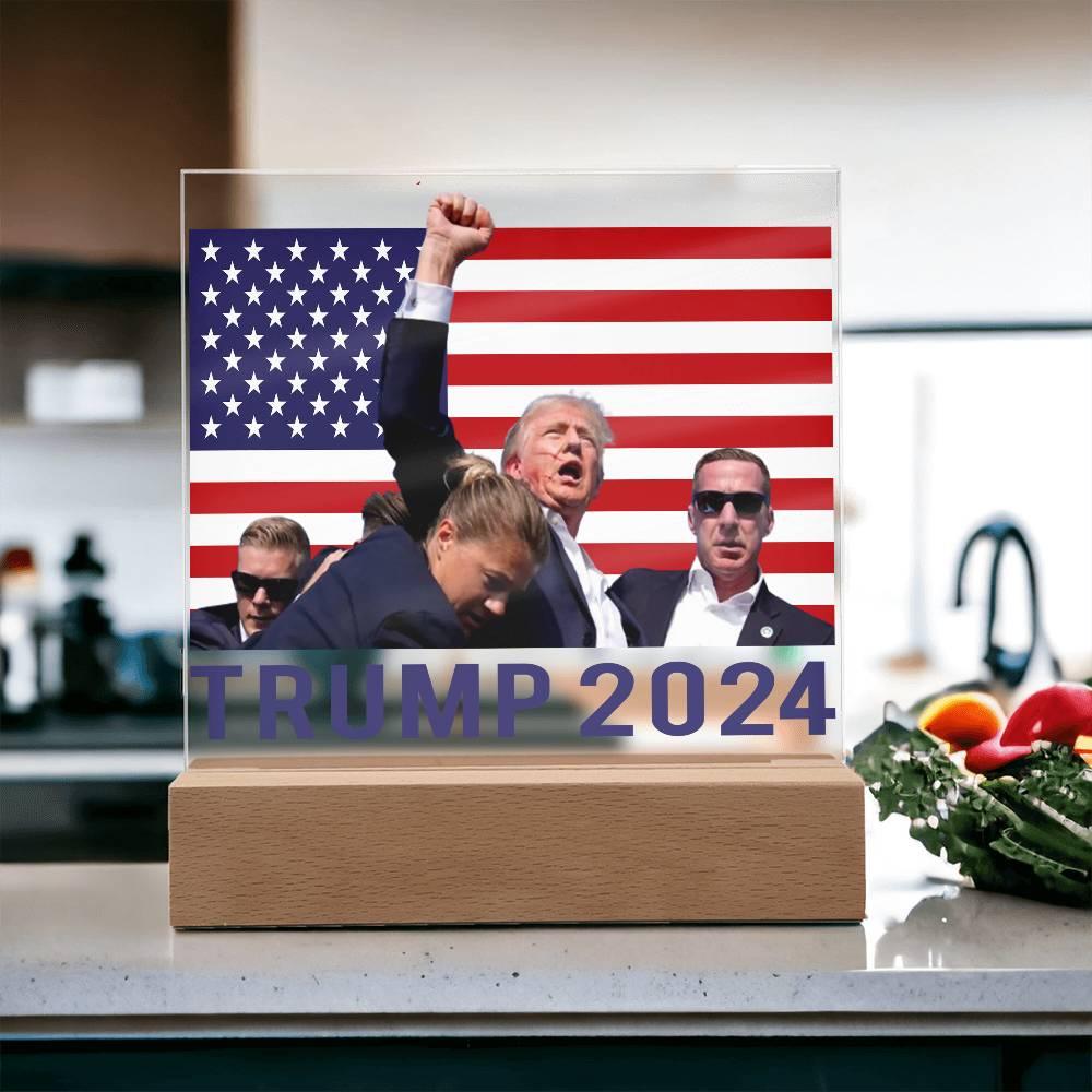 Trump 2024 Butler Rally Acrylic Plaque with LED Lighted Wooden Base