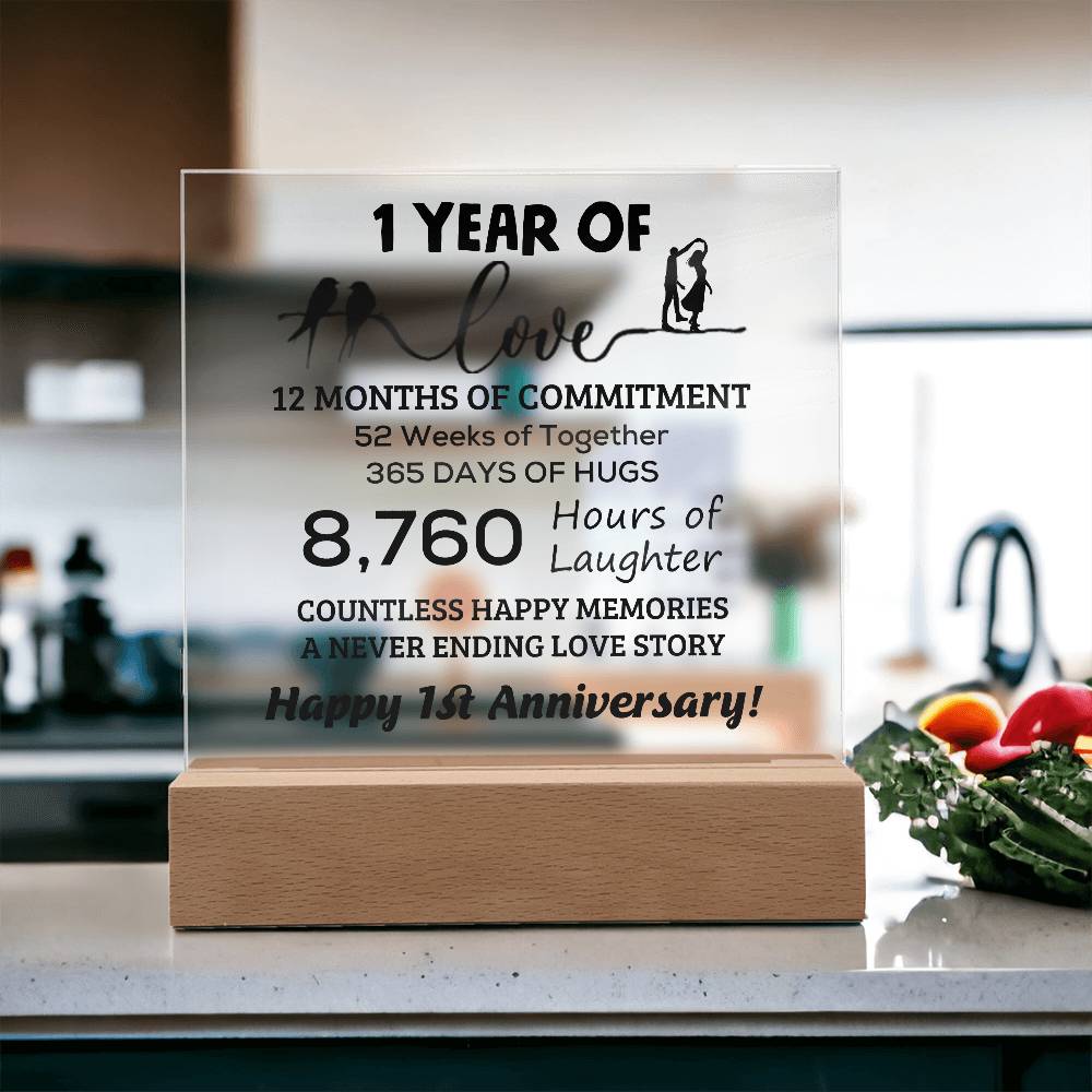 Anniversary Gift One Year of Love, Countless Happy Memories Acrylic Square Plaque with LED Wooden Base