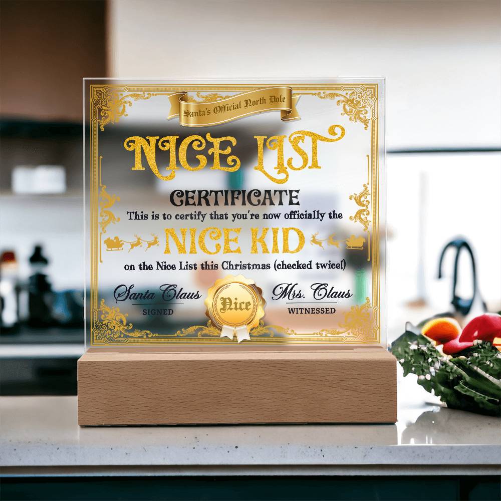 Christmas Decor - Nice Kid List Certificate Acrylic Square Plaque with LED Wooden Base