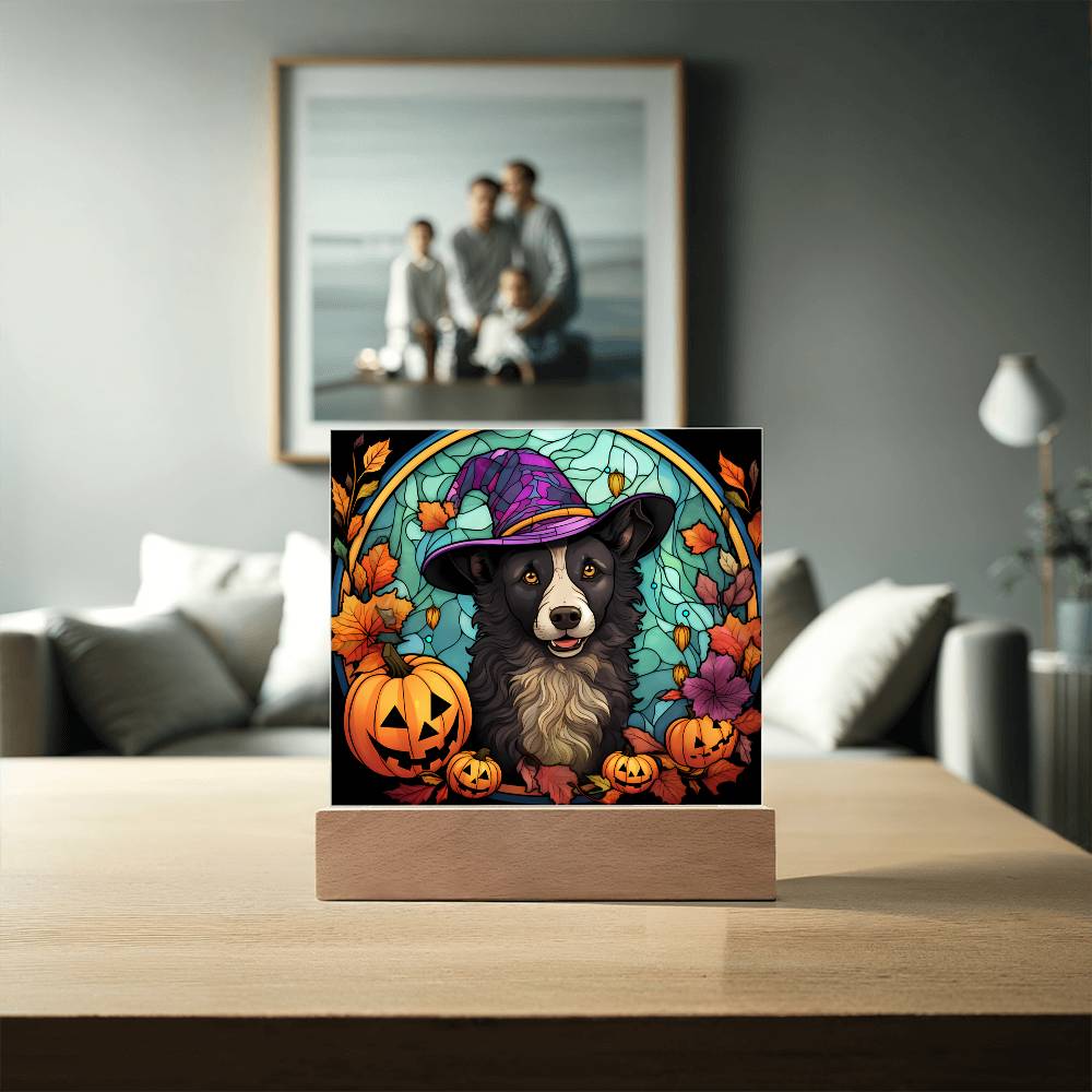 Dog Halloween Portrait Stained Glass Acrylic Plaque with LED Lighted Wooden Base