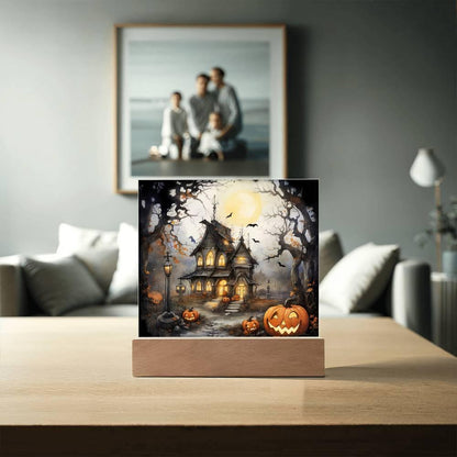 Chilling Manor: Haunted Halloween Mansion Acrylic Square Plaque with LED Lighted Wooden Base