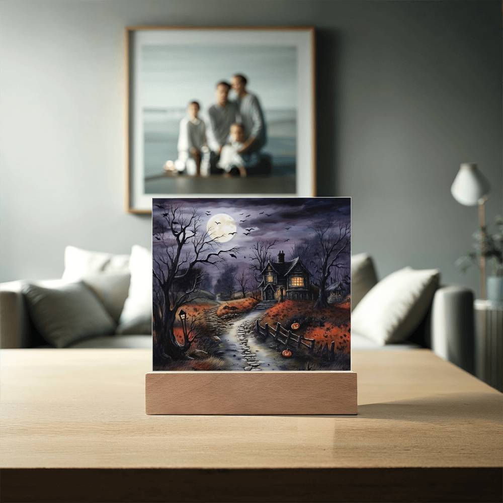 Bewitched Abode: The Ultimate Halloween Mansion Acrylic Plaque with Lighted LED Wooden Base