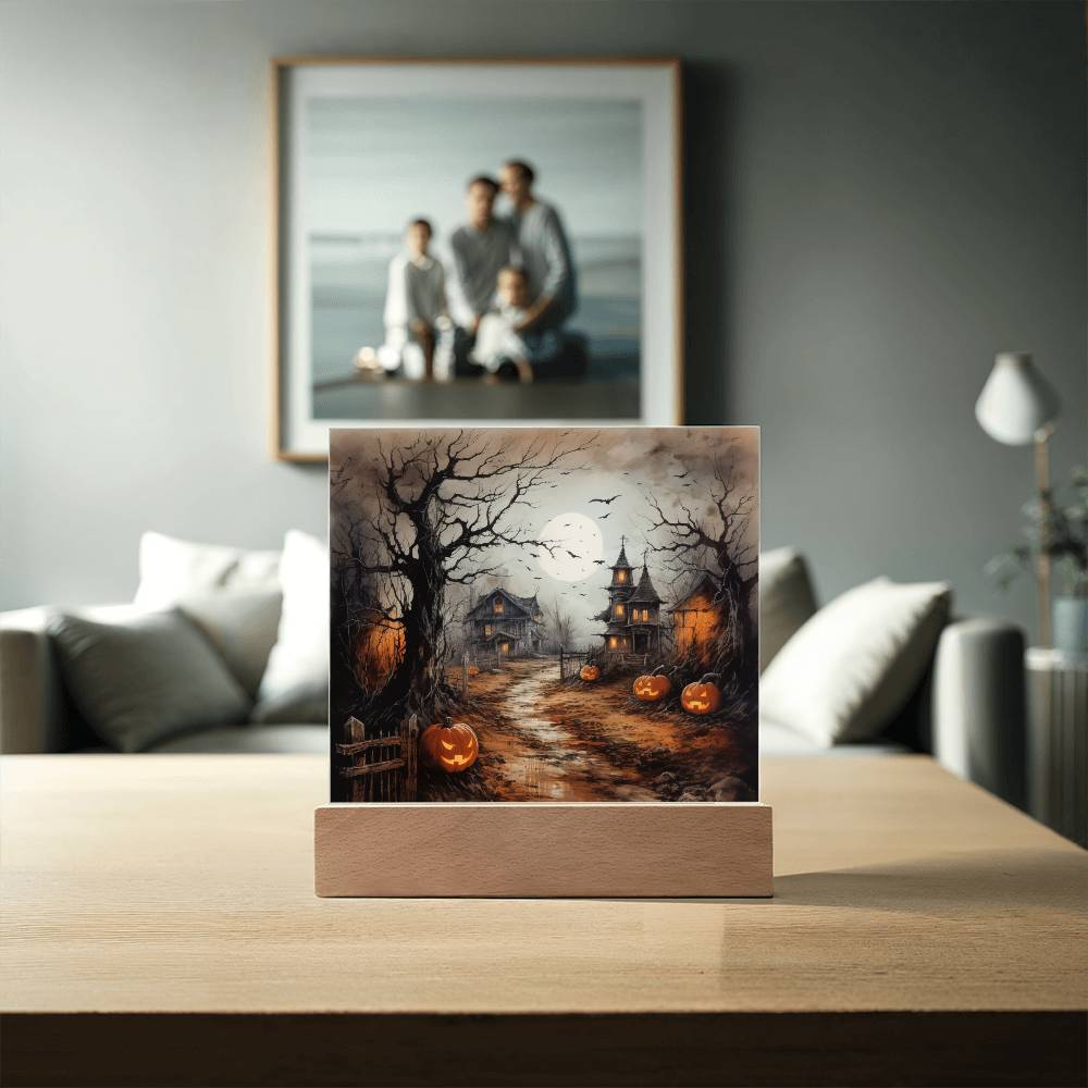 Shadowy Stronghold: Unique Mansion Halloween Acrylic Lighted Plaque