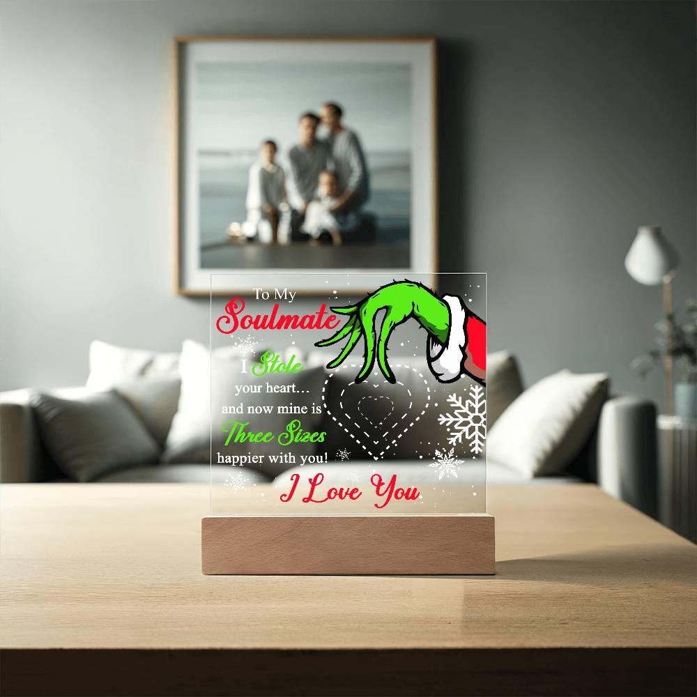 Soulmate Gift - Stole My Heart - Christmas Acrylic Plaque with Lighted LED wooden Base