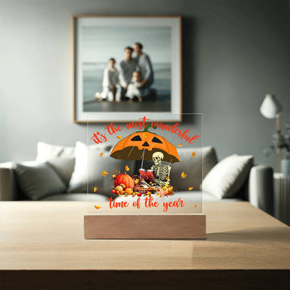 Halloween Decor - Most Wonderful Time of The Year Acrylic Square Plaque with LED Wooden Base