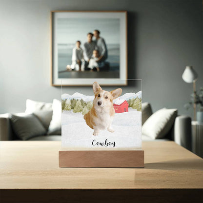 Pet Personalized Holiday Photo Upload Acrylic Plaque with Lighted LED Wooden Base