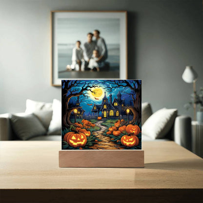 Halloween Decor Haunted Mansion Acrylic Square Plaque with LED Wooden Base