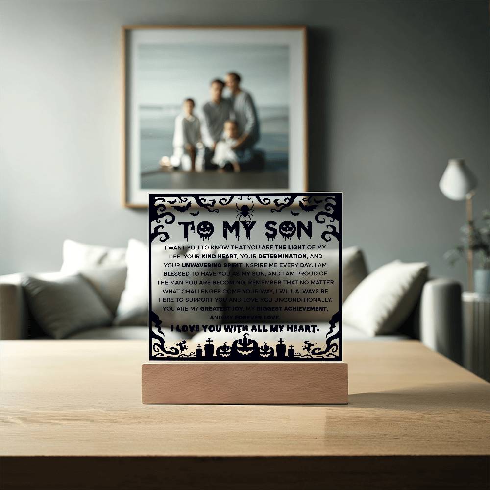 Son - Proudest Achievement - Halloween Acrylic Square Plaque with LED Wooden Base