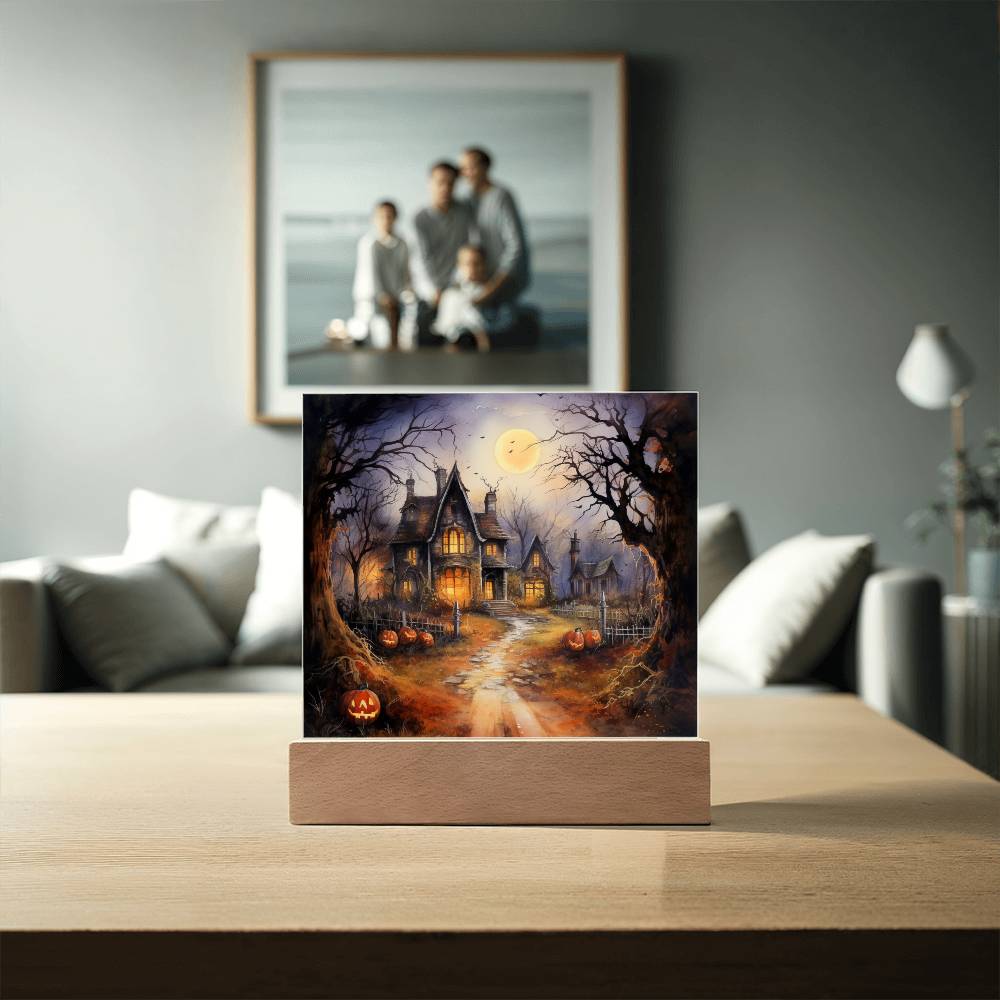 Ghostly Manor: Halloween Acrylic Square Plaque with LED Lighted Wooden Base