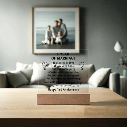 Anniversary Gift - One Year Of Marriage Acrylic Square Plaque with LED Wooden Base