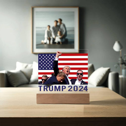 Trump 2024 Butler Rally Acrylic Plaque with LED Lighted Wooden Base