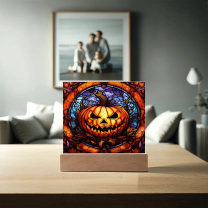 Halloween Pumpkin Stained-Glass Acrylic Square Plaque with LED Wooden Base