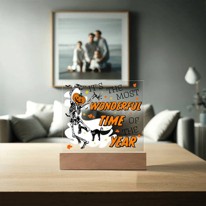 Halloween Decor - The Most Wonderful Time of the Year Acrylic Square Plaque with LED Wooden Base