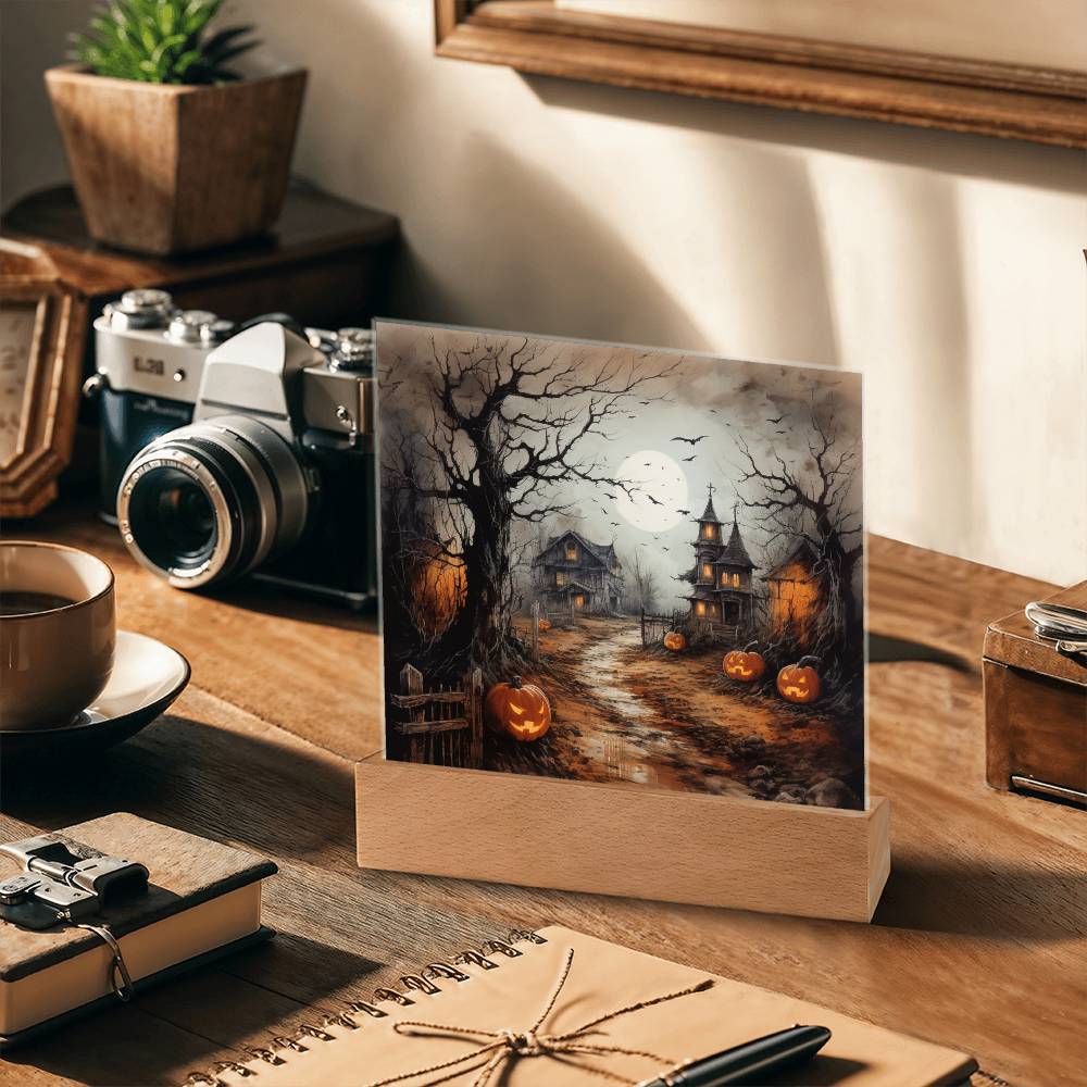 Shadowy Stronghold: Unique Mansion Halloween Acrylic Lighted Plaque