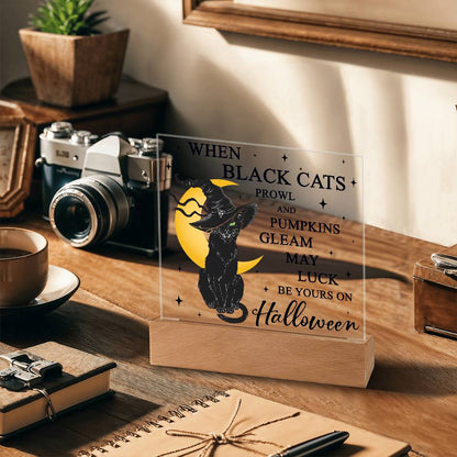 Halloween Decor - Black Cats and Pumpkins Gleam Acrylic Square Plaque with LED Wooden Base