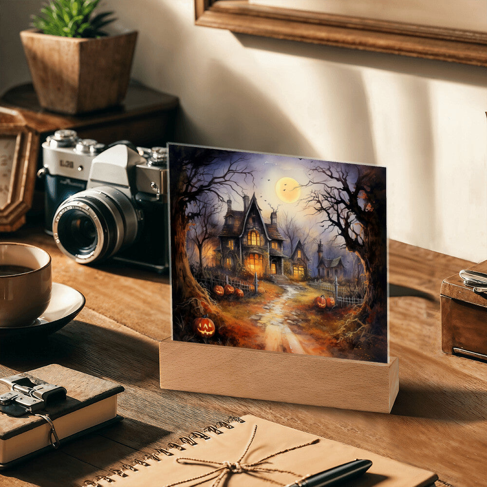 Ghostly Manor: Halloween Acrylic Square Plaque with LED Lighted Wooden Base