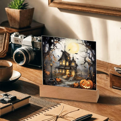 Chilling Manor: Haunted Halloween Mansion Acrylic Square Plaque with LED Lighted Wooden Base