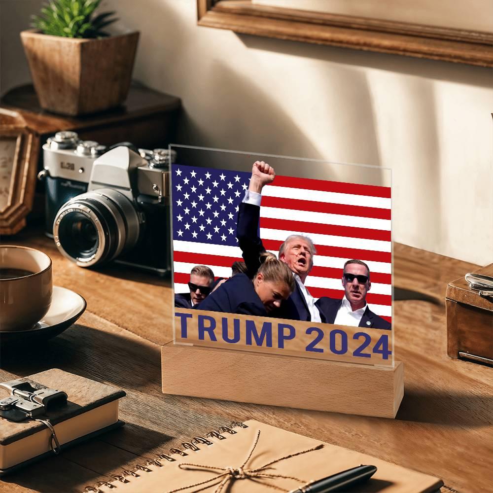 Trump 2024 Butler Rally Acrylic Plaque with LED Lighted Wooden Base