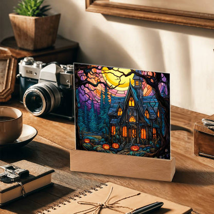 Spooky Halloween Mansion Acrylic Square Plaque with LED Lighted Wooden Base