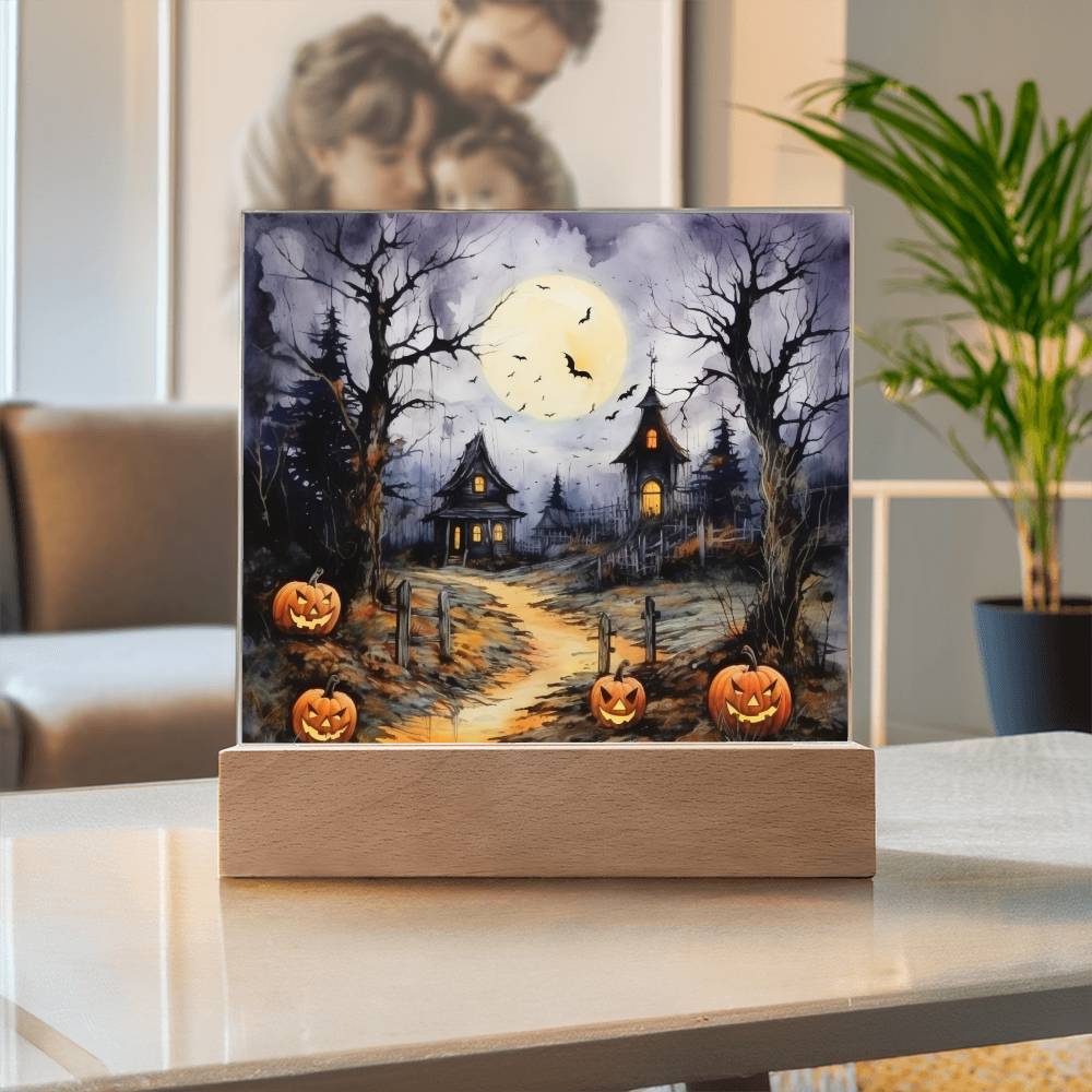 Halloween Haunt: Detailed Mansion Acrylic Plaque with LED Lighted Wooden Base