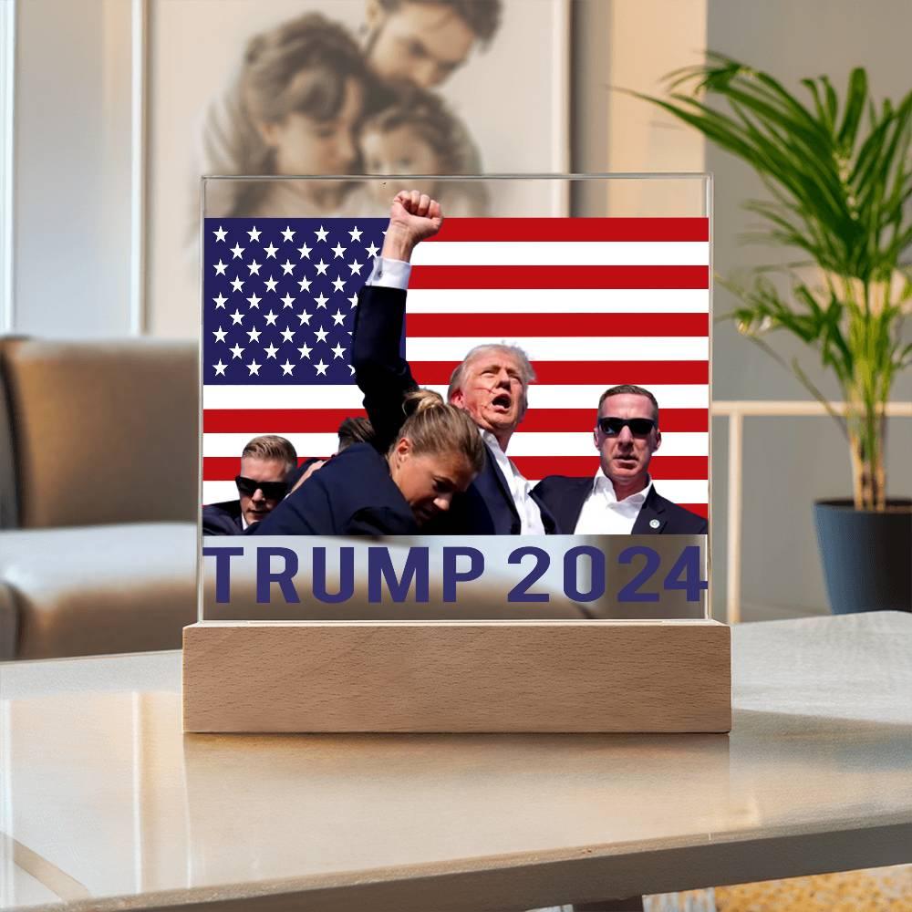 Trump 2024 Butler Rally Acrylic Plaque with LED Lighted Wooden Base