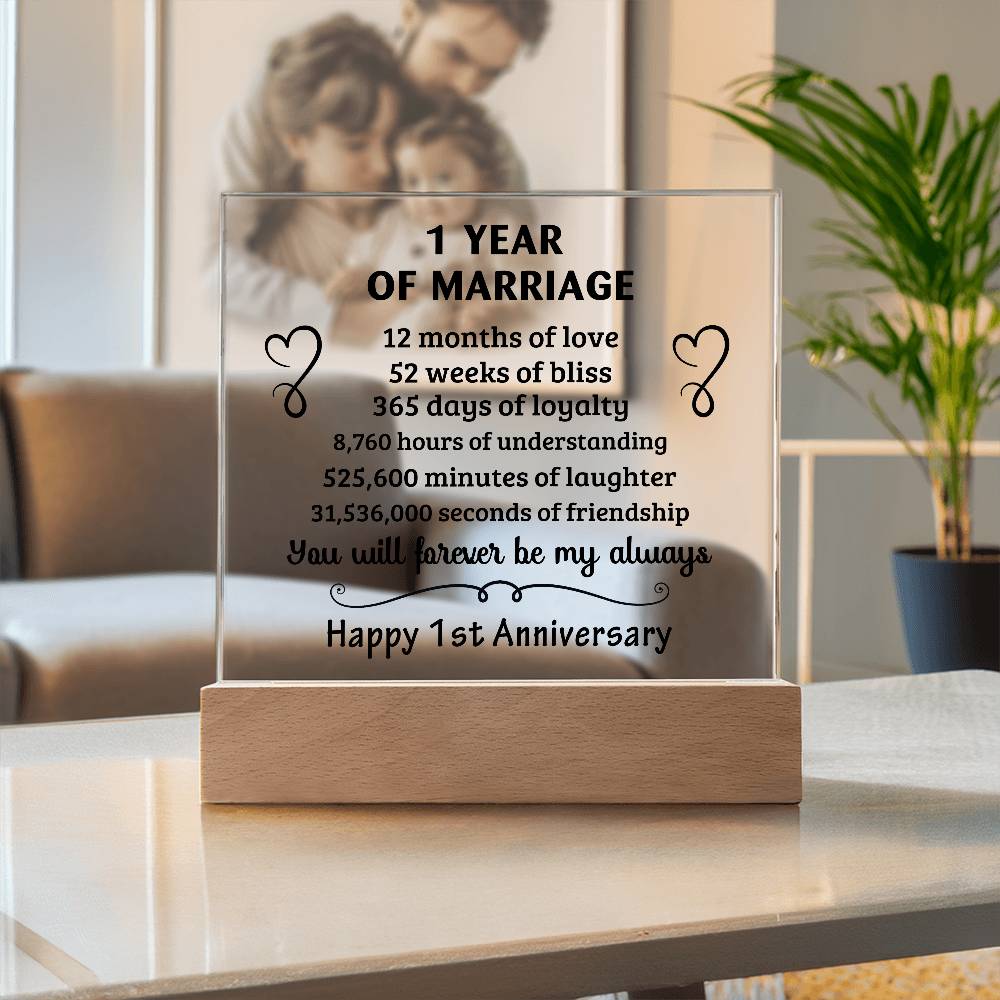 Anniversary Gift - One Year Of Marriage Acrylic Square Plaque with LED Wooden Base