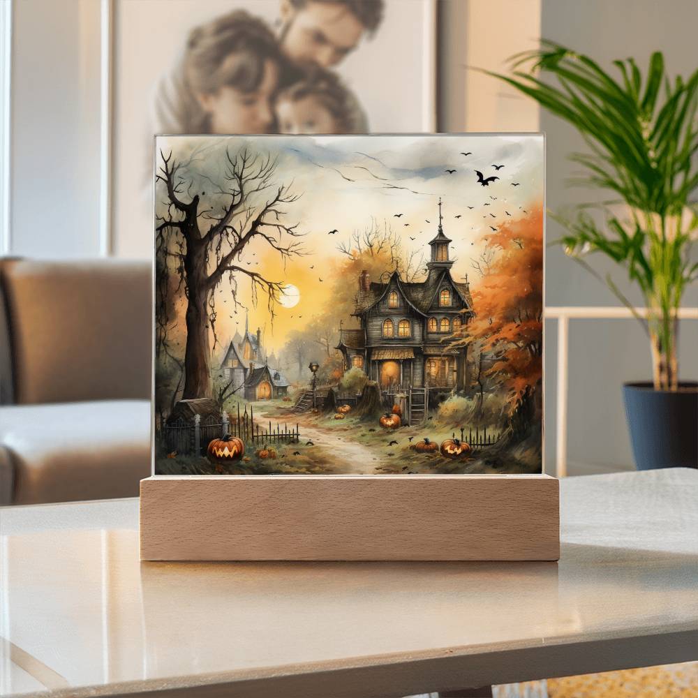 Spectral Spire: Spooky Halloween Mansion Acrylic Square Plaque with LED Lighted Wooden Base