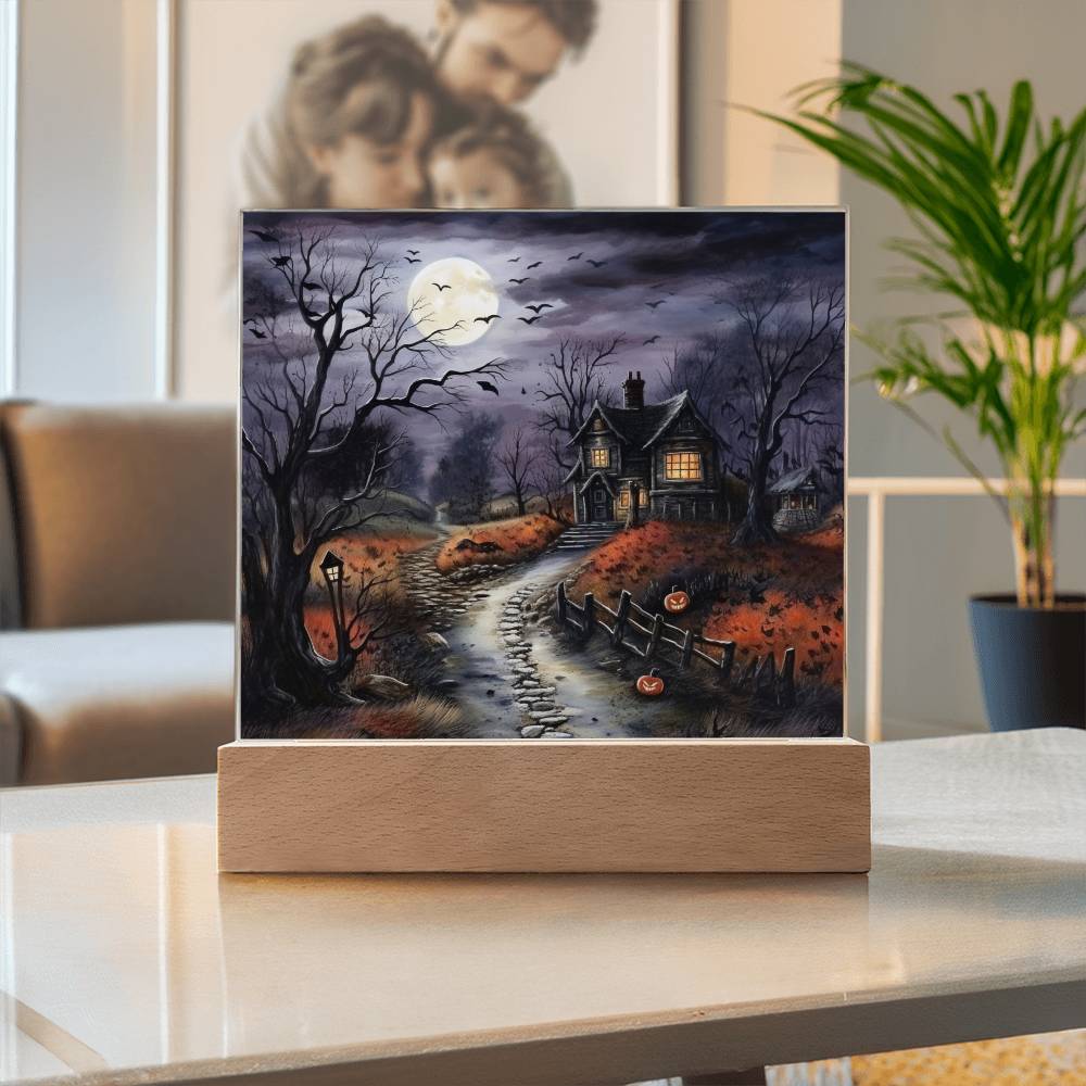 Bewitched Abode: The Ultimate Halloween Mansion Acrylic Plaque with Lighted LED Wooden Base