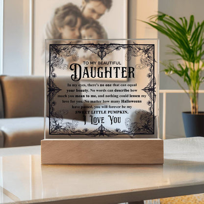 Daughter - Sweet Little Pumpkin Acrylic Square Plaque with Lighted LED Wooden Base