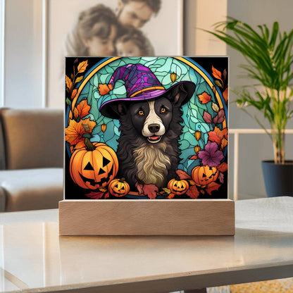 Dog Halloween Portrait Stained Glass Acrylic Plaque with LED Lighted Wooden Base