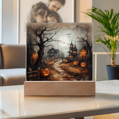 Shadowy Stronghold: Unique Mansion Halloween Acrylic Lighted Plaque