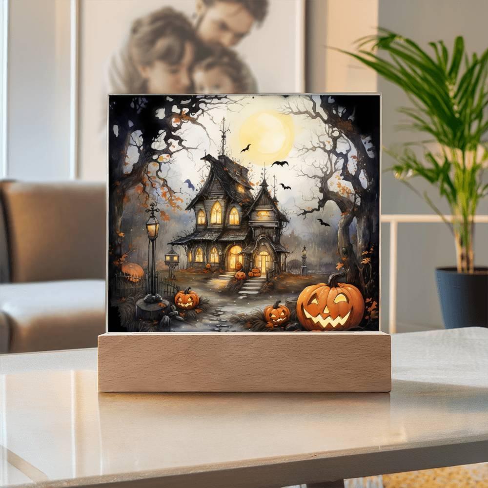 Chilling Manor: Haunted Halloween Mansion Acrylic Square Plaque with LED Lighted Wooden Base