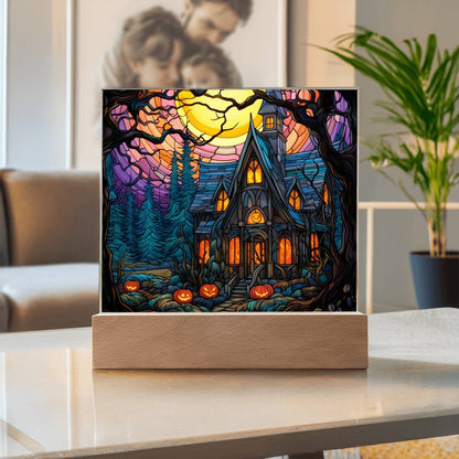 Spooky Halloween Mansion Acrylic Square Plaque with LED Lighted Wooden Base