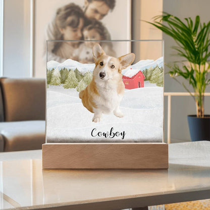 Pet Personalized Holiday Photo Upload Acrylic Plaque with Lighted LED Wooden Base