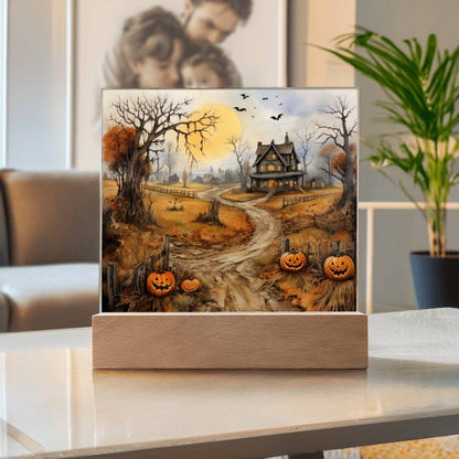 Haunted Elegance: Spooky Halloween Mansion Acrylic Square Plaque with LED Lighted Wooden Base