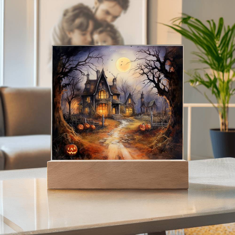 Ghostly Manor: Halloween Acrylic Square Plaque with LED Lighted Wooden Base