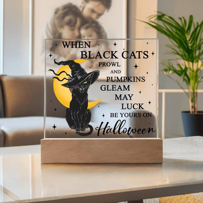 Halloween Decor - Black Cats and Pumpkins Gleam Acrylic Square Plaque with LED Wooden Base