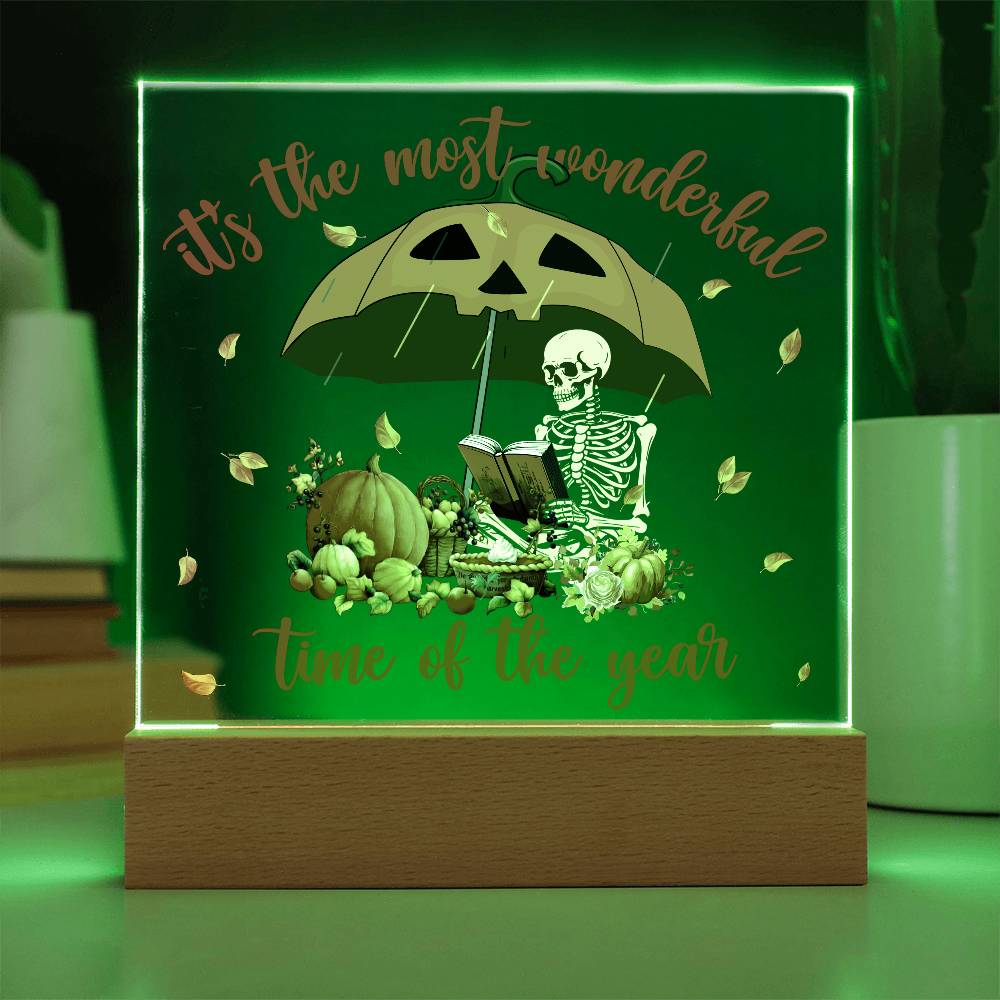 Halloween Decor - Most Wonderful Time of The Year Acrylic Square Plaque with LED Wooden Base