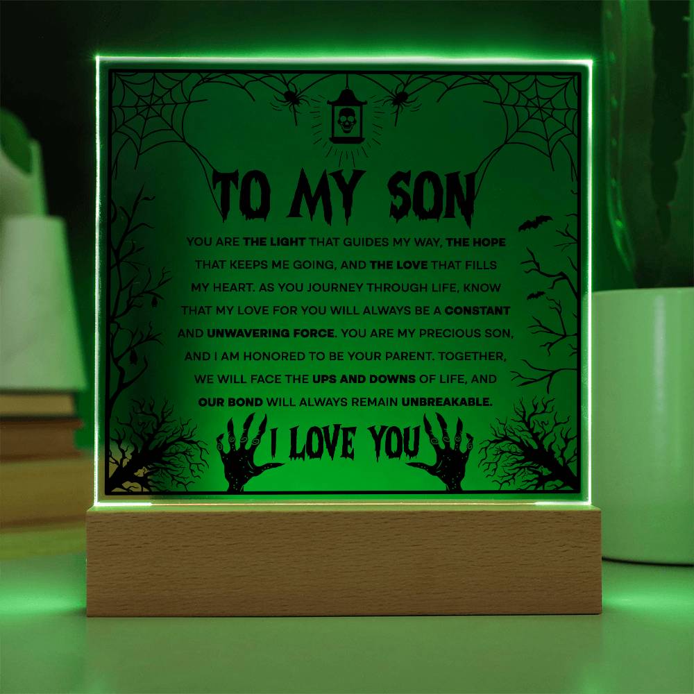 Son - Unwavering Force - Halloween Acrylic Square Plaque with LED Wooden Base