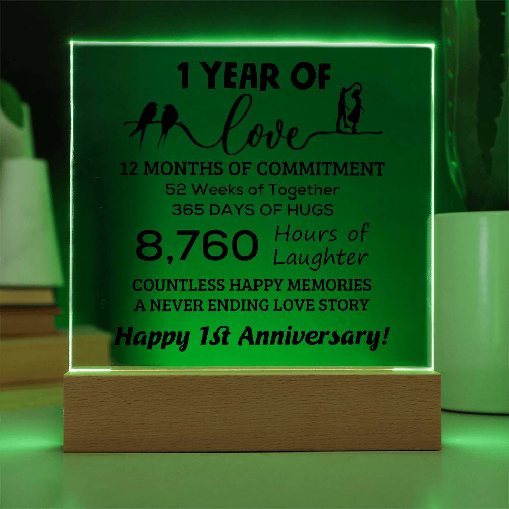 Anniversary Gift One Year of Love, Countless Happy Memories Acrylic Square Plaque with LED Wooden Base